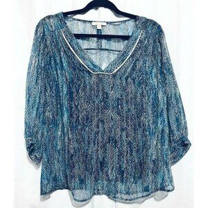 Ella Moss Sheer Embellished Peasant Blouse V Neck Long Sleeves Womens Size Small